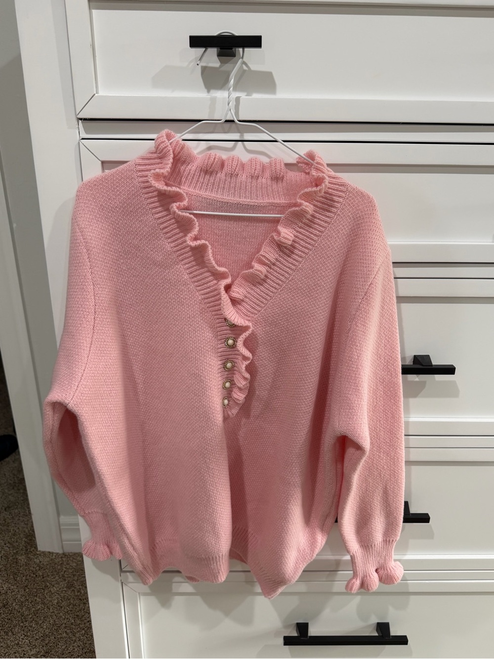Soft Ruffle V-Neck Pink Sweater with Pearl Like Buttons. 1XL